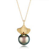 Ginkgo Leaf & Tahitian Pearl Pendant Necklace