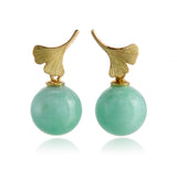 Ginkgo Leaf & Apple Green Jade Drop Earrings