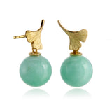 Ginkgo Leaf & Apple Green Jade Drop Earrings