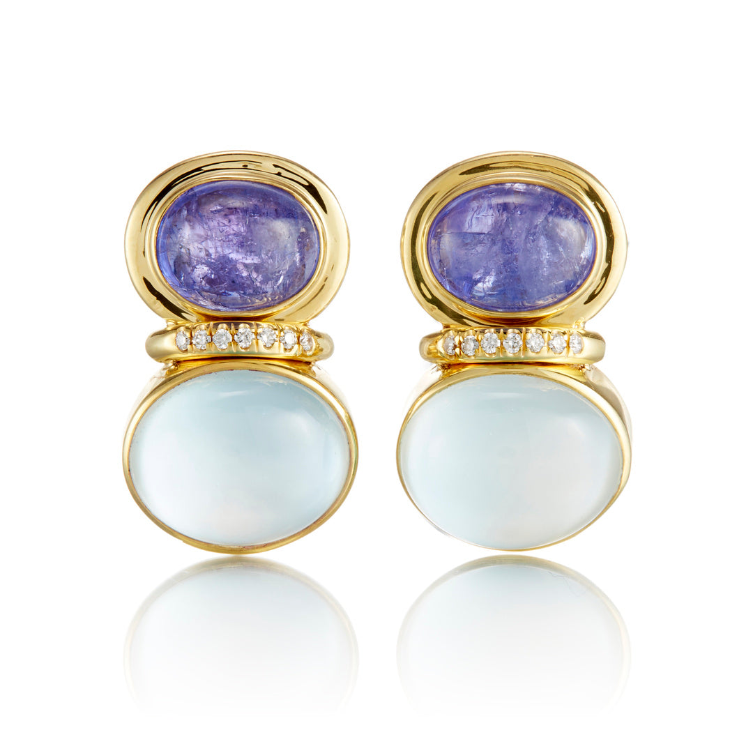 Swiss Blue Topaz & Tanzanite Double Cabochon Earrings