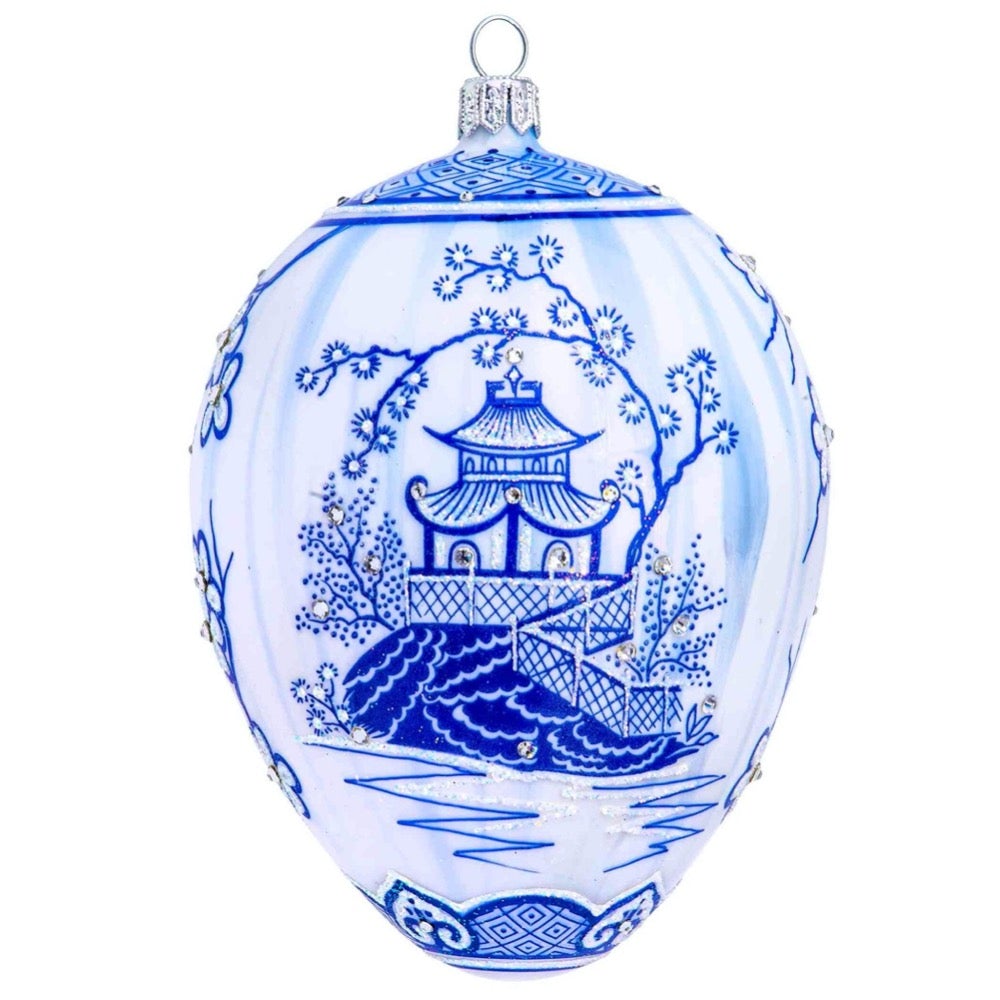 Blue & White Chinoiserie Jeweled Egg Ornament