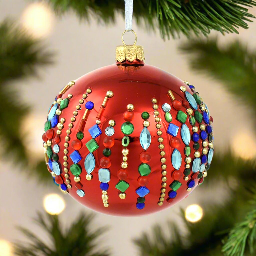 Multi-Color Jeweled Red Ball Ornament