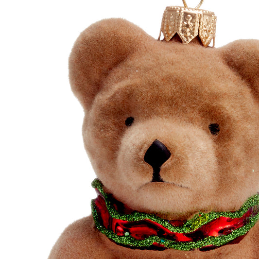 Flocked Teddy Bear with Plaid Collar Ornament