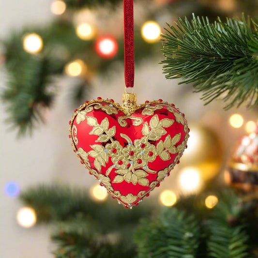 Red & Gold Floral Jeweled Heart Ornament