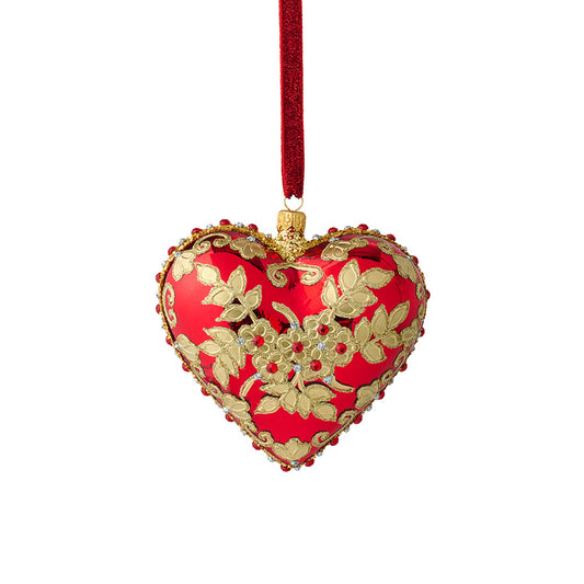 Red & Gold Floral Jeweled Heart Ornament