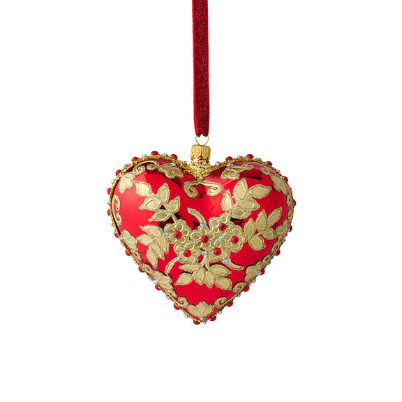 Red & Gold Floral Jeweled Heart Ornament