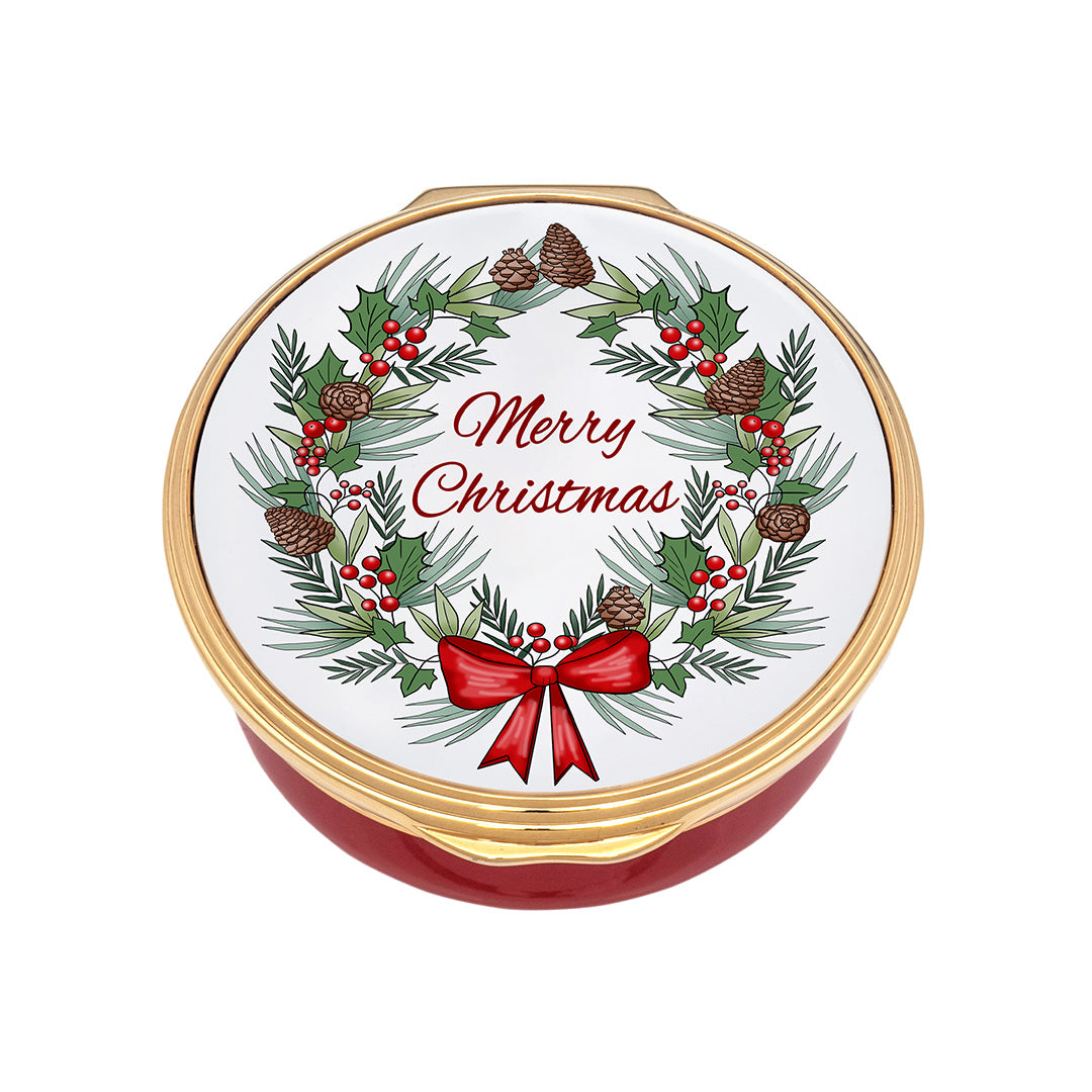 Halcyon Days Merry Christmas Wreath Enamel Box