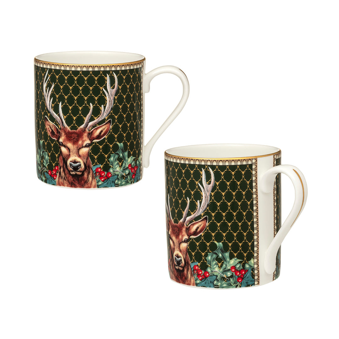 Halcyon Days Antler Trellis Green Stag Mugs, Set of 2