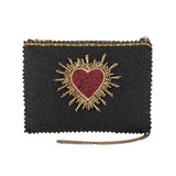 Red Heart on Black Beaded Crossbody Bag