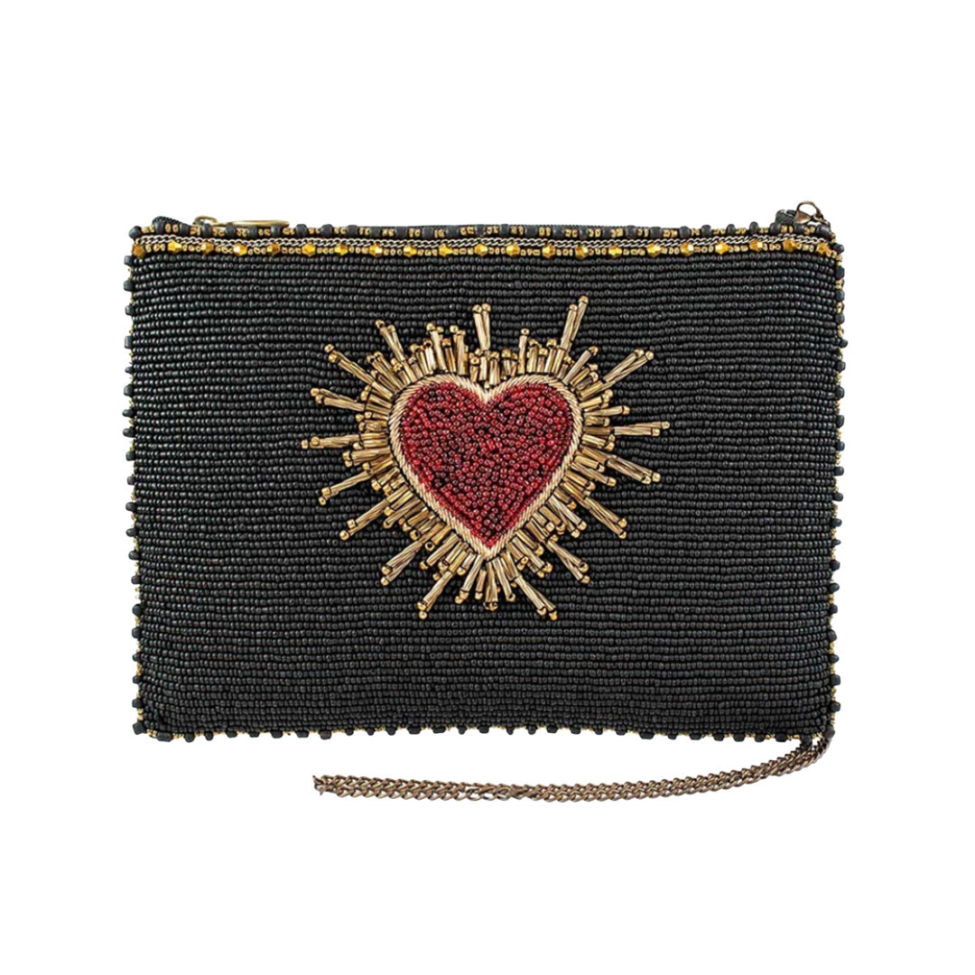 Red Heart on Black Beaded Crossbody Bag