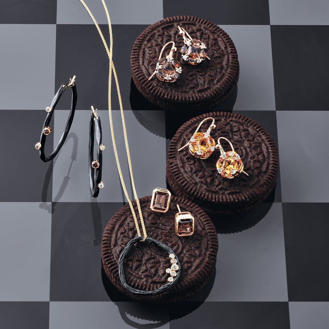 Quadrille Earrings in Smokey Quartz & Diamonds