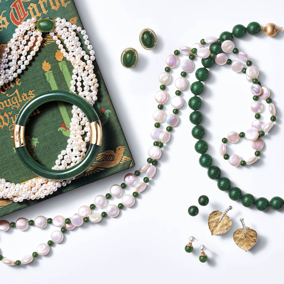 Coin Pearl & Green Nephrite Jade Rope Necklace