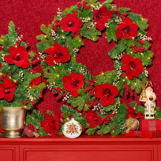 Red Holiday Flowers on White Ball Ornament