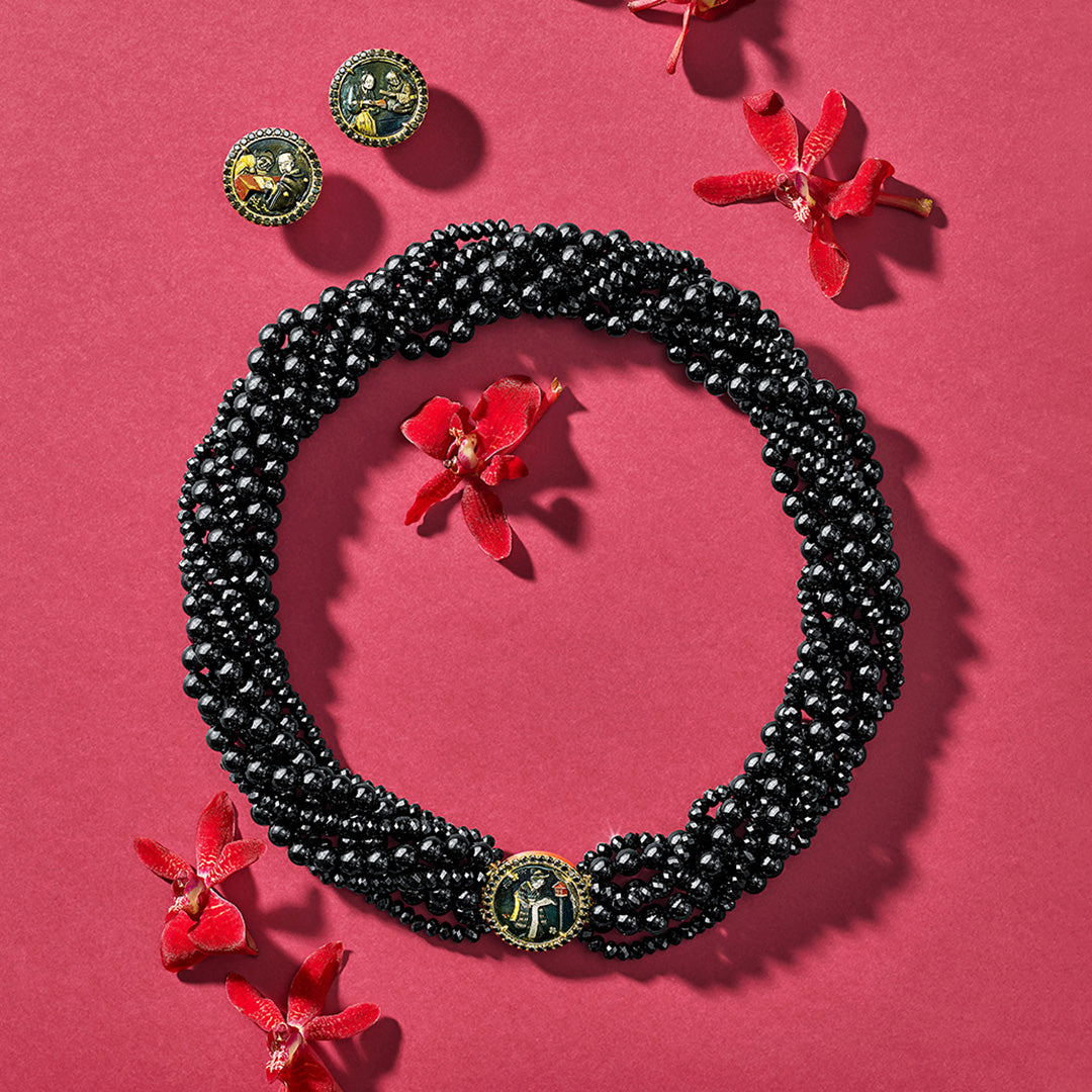 Black Jade & Spinel Twist Necklace with Shakudo Plaque & Black Diamond Clasp