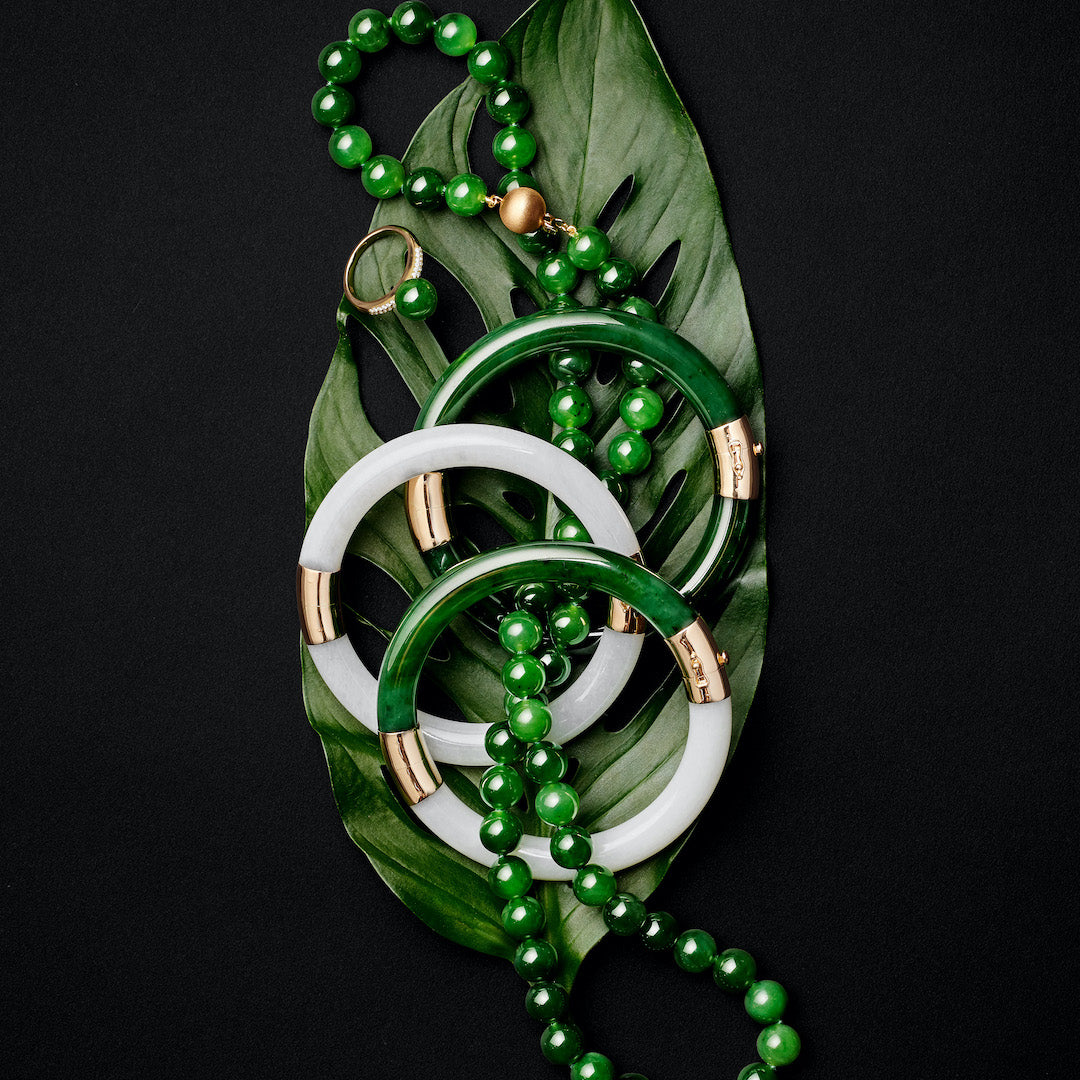 Pacific Bangle in Green Nephrite & White Jade