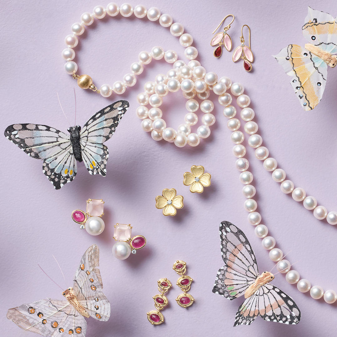 Pink Tourmaline, Rose Quartz & Pearl Cluster Earrings
