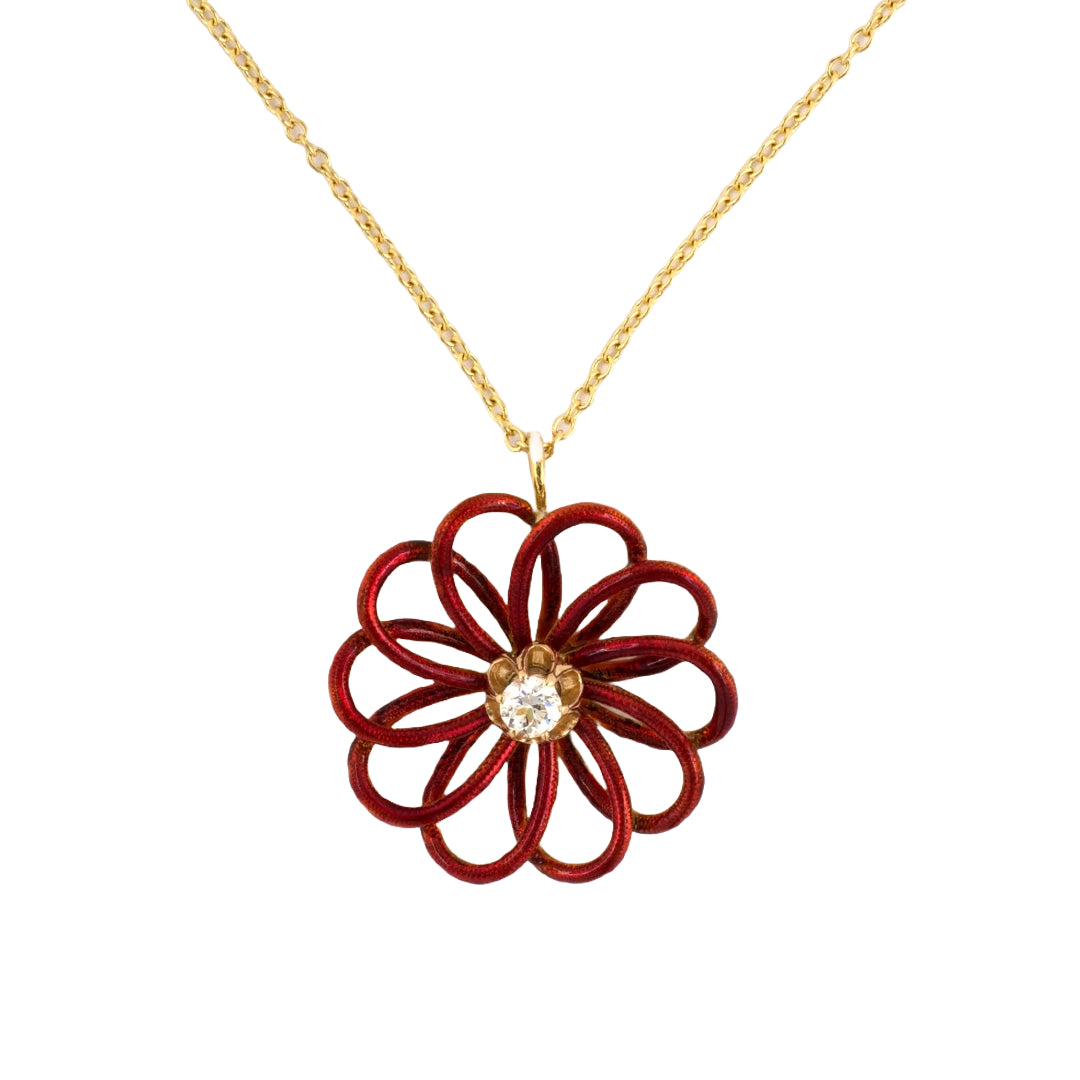 Estate Victorian Red Enamel Floral Pendant Necklace