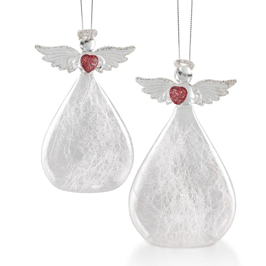 Glass Angel with Red Heart Ornaments, Set of 2
