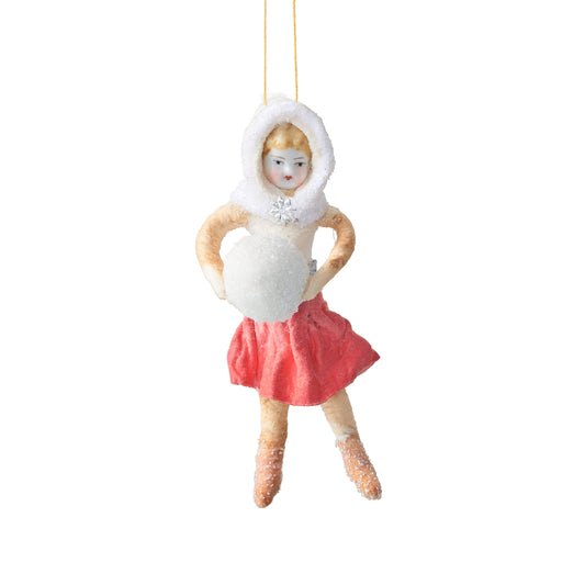 Girl with Snowball Pink Cotton Ornament