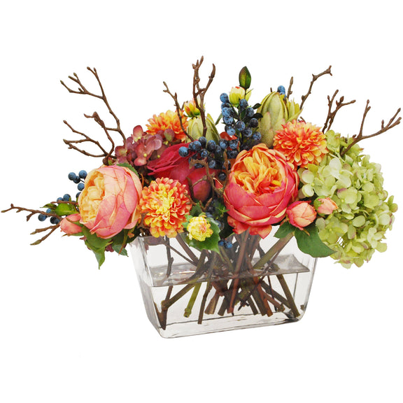 Mixed Fall Hydrangea & Roses in Flare Vase