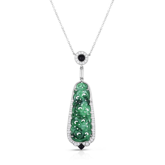 Cicada Carved Jade, Onyx & Diamond Pendant Necklace
