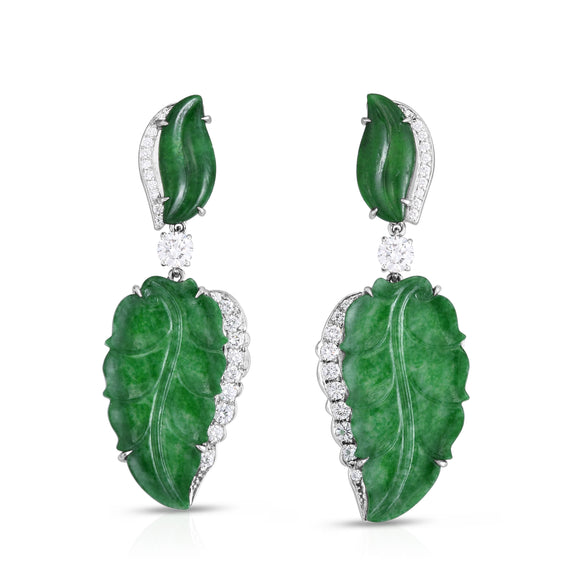 Cicada Carved Jade Leaves & Diamond Drop Earrings