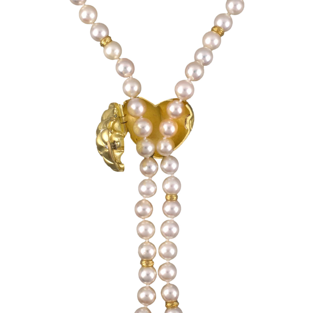 Pearl Lariat Necklace with Diamond Puffed Heart Pendant