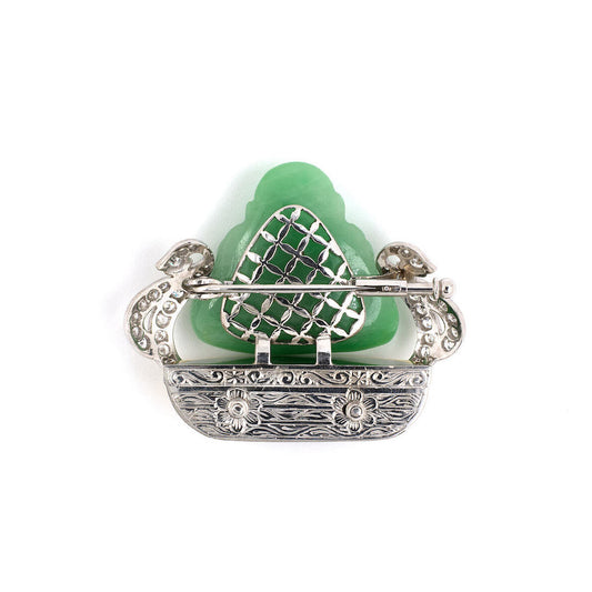 Art Deco Carved Green Jadeite, Diamond & Ruby Buddha Pin