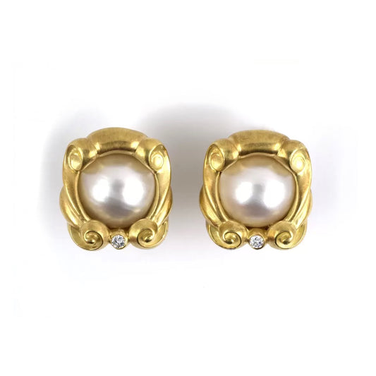 Estate Marlene Stowe Mabe Pearl & Diamond Gold Earrings