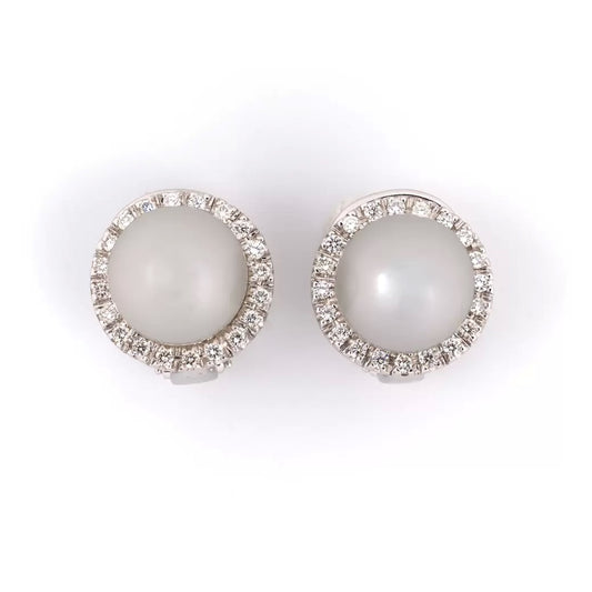 Estate South Sea Pearl & Diamond Cluster White Gold Earrings