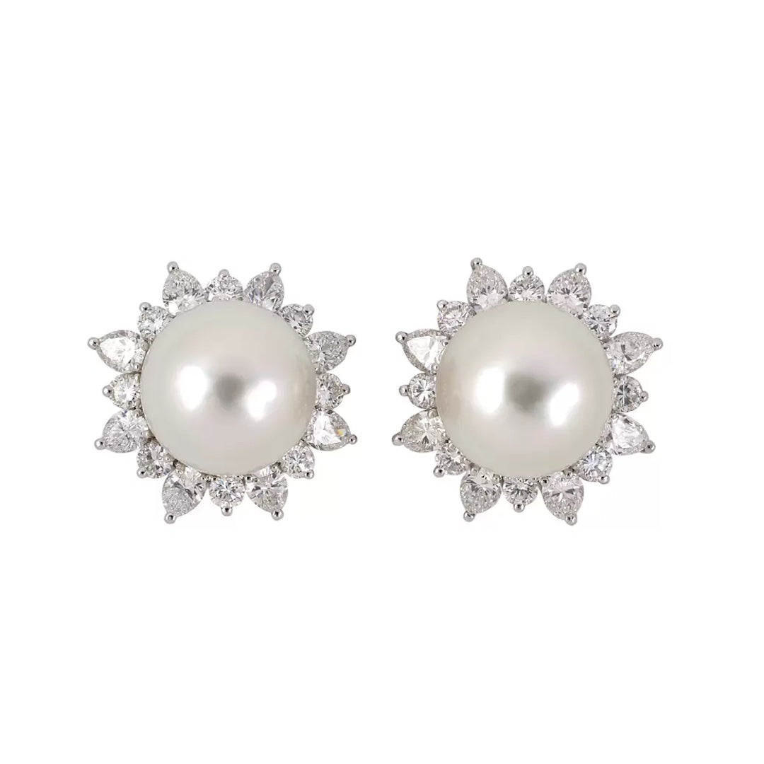 Estate South Sea Pearl & Diamond Cluster Platinum Earrings