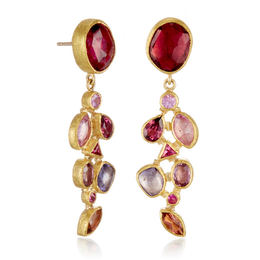 Red Tourmaline, Pink Sapphire & Gold Earrings