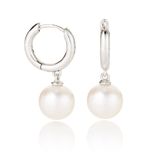 White Gold Hoop & Pearl Drop Earrings