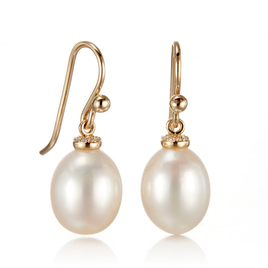 Diamond-Cap Pearl Drop Earrings