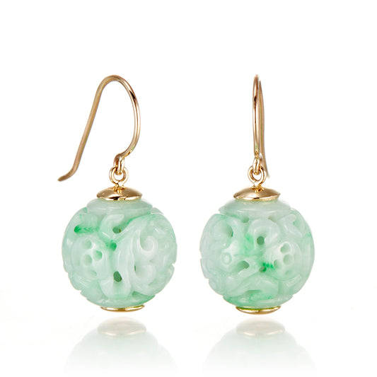 Carved Green Jade Ball Drop Earrings