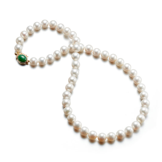 Gump's Signature White Pearl Necklace with Green Jade Clasp