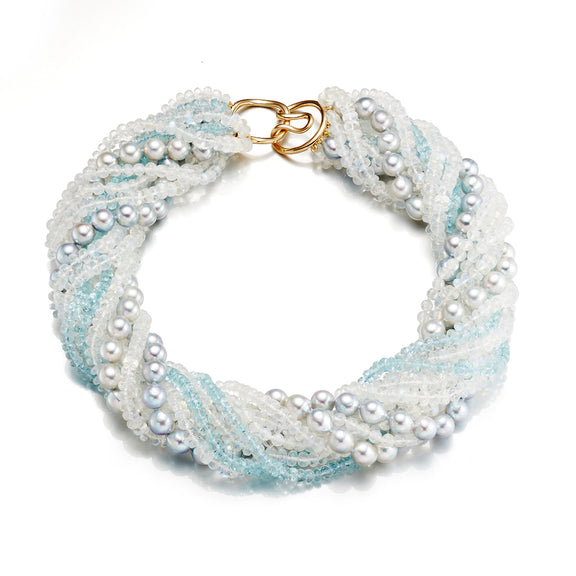 Gump's Signature Blue Akoya Pearl, Moonstone & Aquamarine Twist Necklace