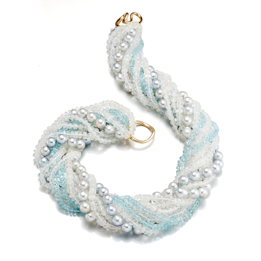 Blue Akoya Pearl, Moonstone & Aquamarine Twist Necklace