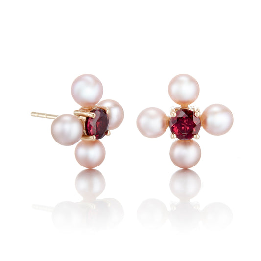 Pink Pearl & Rhodolite Flower Earrings