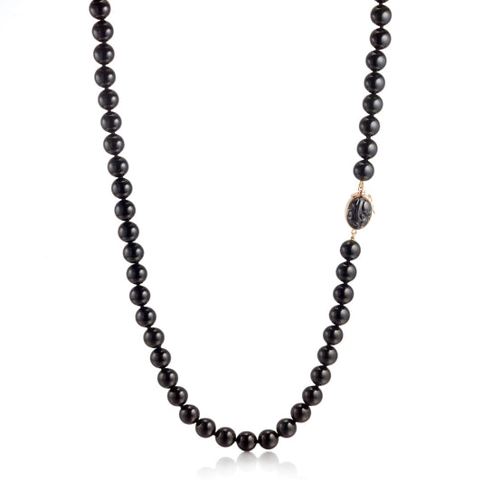 Black Jade Long Necklace with Carved Pixiu Clasp