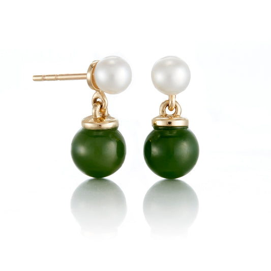 Pearl & Green Nephrite Jade Drop Earrings