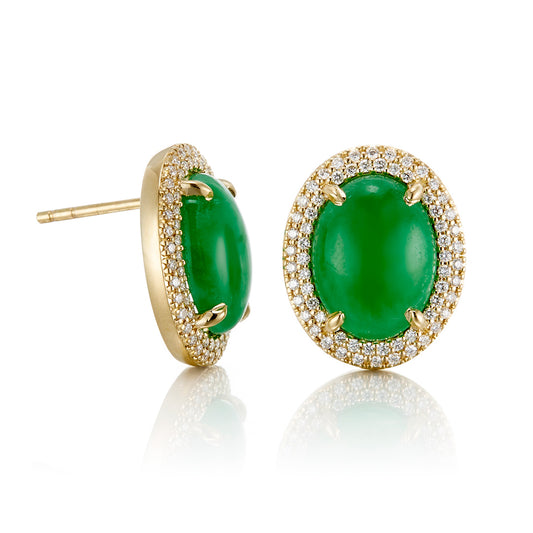 Apple Green Jade Cabochon & Diamond Earrings
