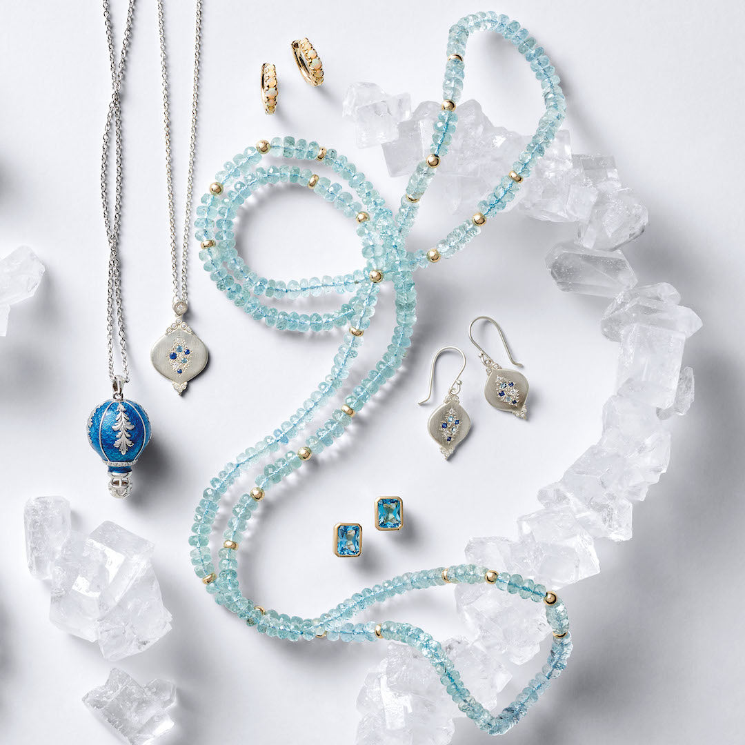 March Birthstone Jewellery Set - Aquamarine Bezel Setting | MyRatna