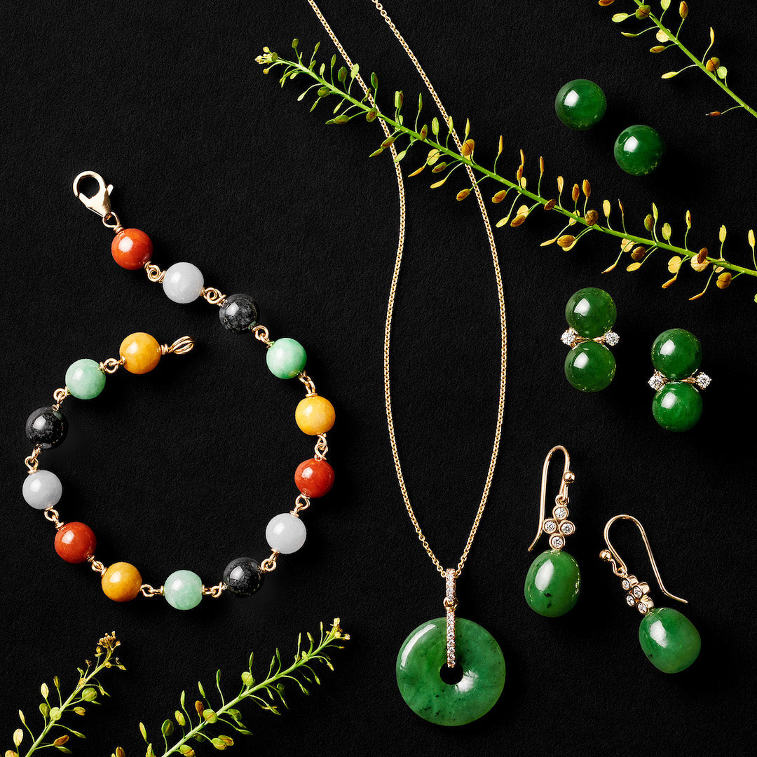 Les Deux Earrings in Green Nephrite Jade & Diamonds